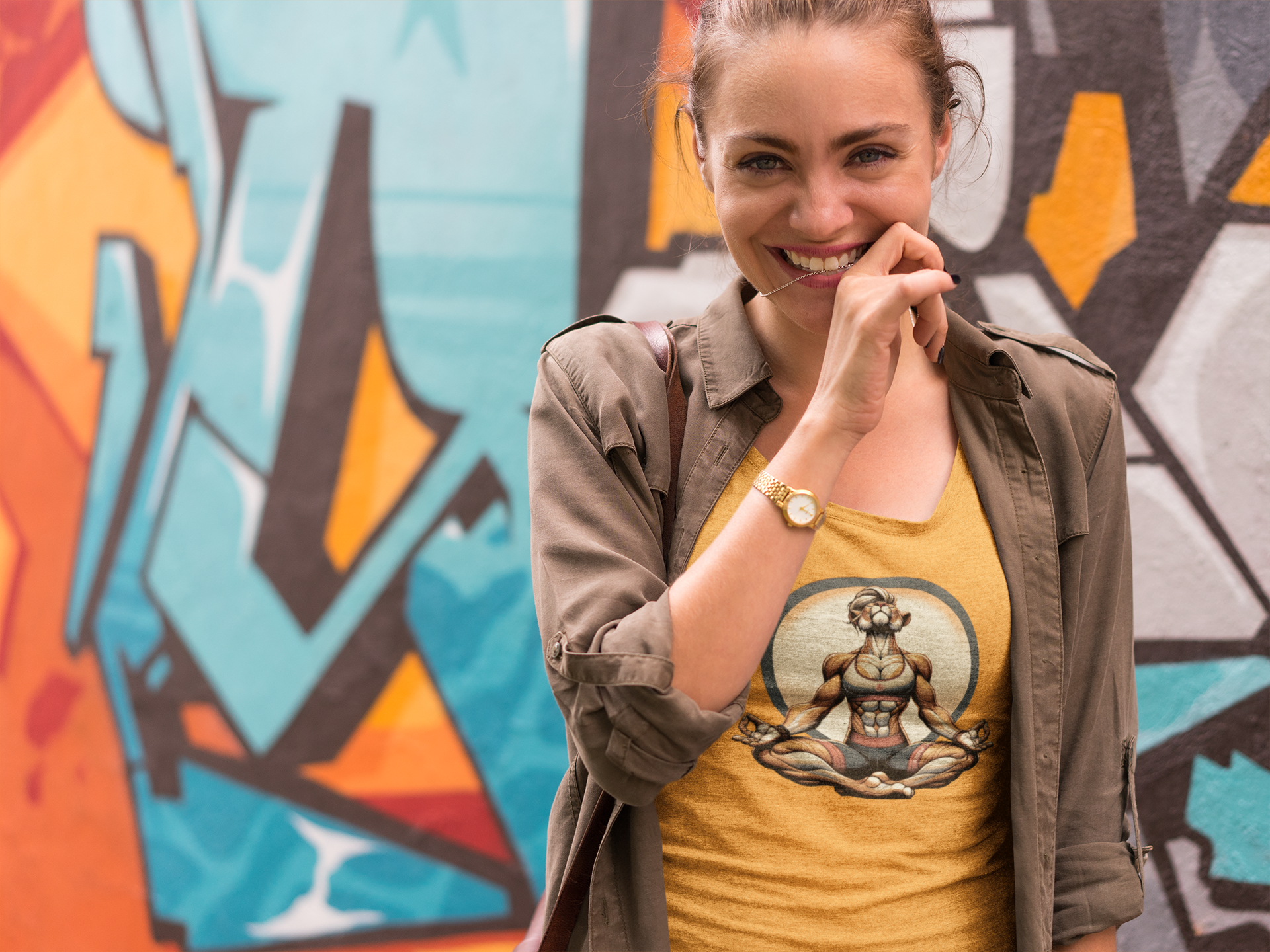 Woman Smiling in Front of Colorful Graffiti Wall A smiling woman stands in front of a vibrant graffiti wall, wearing a yellow tank top featuring an artistic graphic of a muscular figure in a meditative pose. She has her hair tied back and is dressed in a casual jacket.